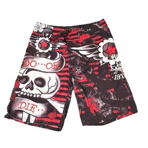 Vintage Y2k Ed Hardy Board Shorts Men’s 36 Red Black Skull Print Do Or Die
